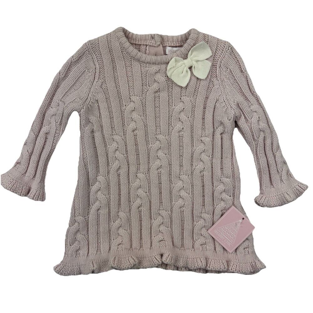 Shabby Chic Baby Girl Sweater Dress 3-6M Pink Cable Knit Bow NWT